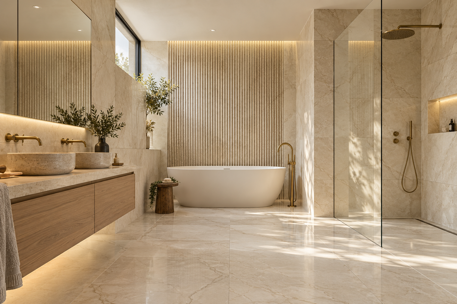 Illustrative luxury bathroom with large-format stone-effect tiles, a fluted feature wall and walk-in shower