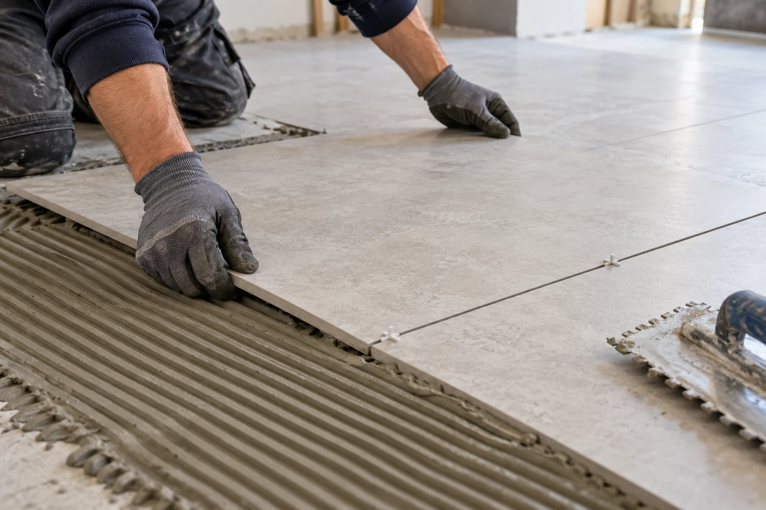 Illustrative close-up of gloved hands positioning a porcelain floor tile beside combed adhesive