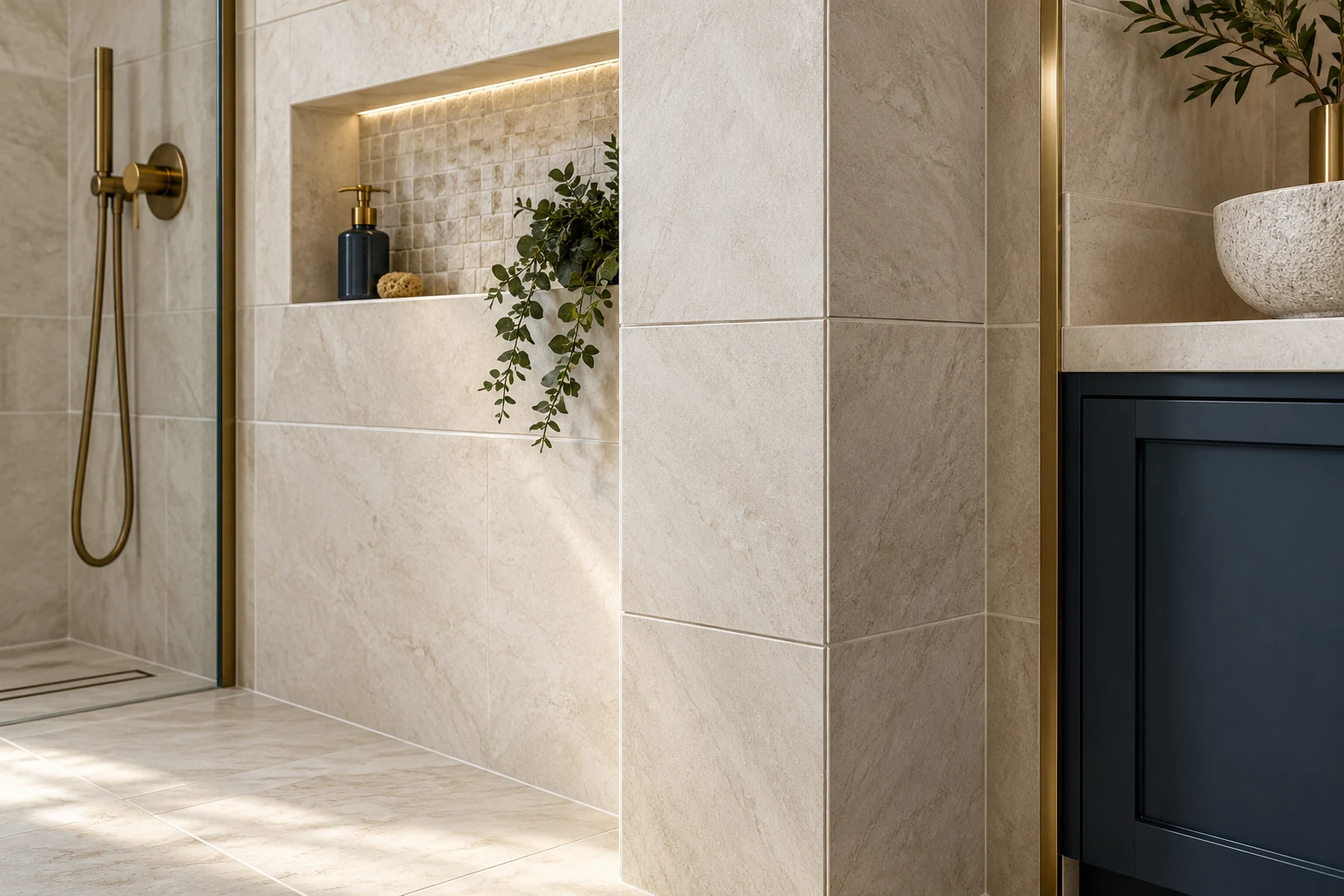 Illustrative porcelain tiled finish with aligned grout lines, a tiled corner and mosaic shower niche